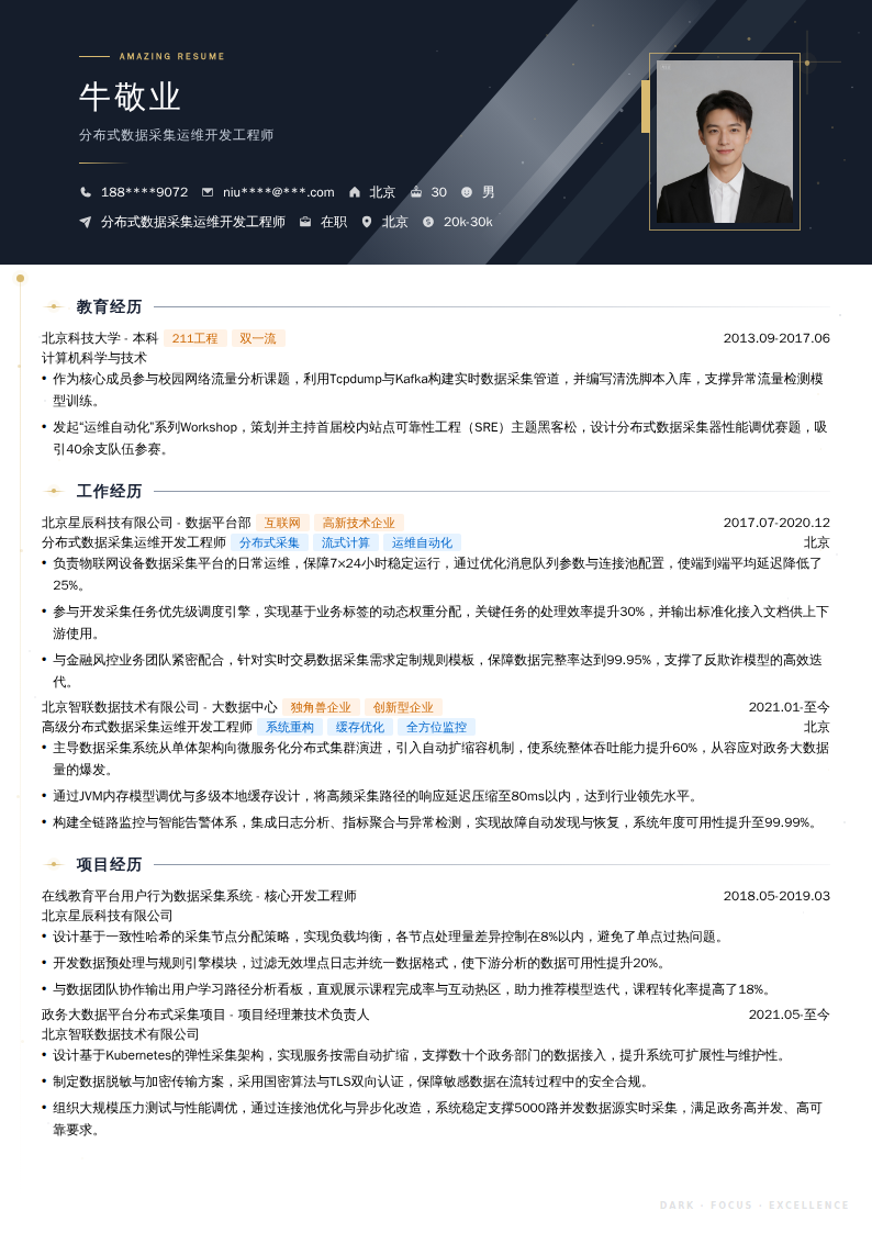 分布式数据采集运维开发工程师简历模板