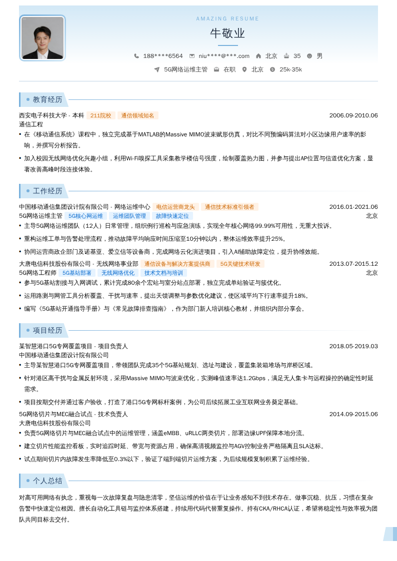 5G网络运维主管简历模板