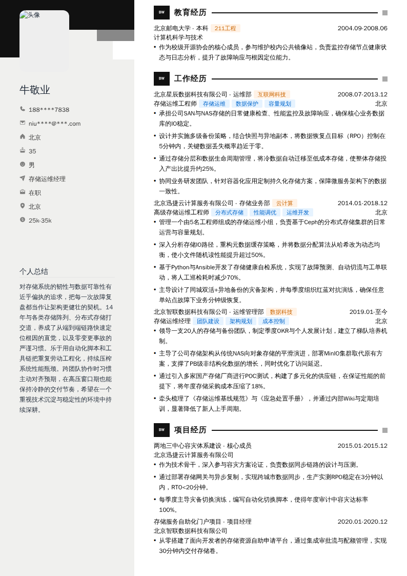 存储运维经理简历模板