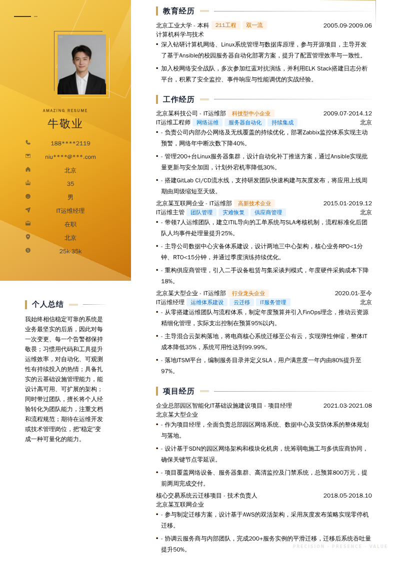 IT运维经理简历模板
