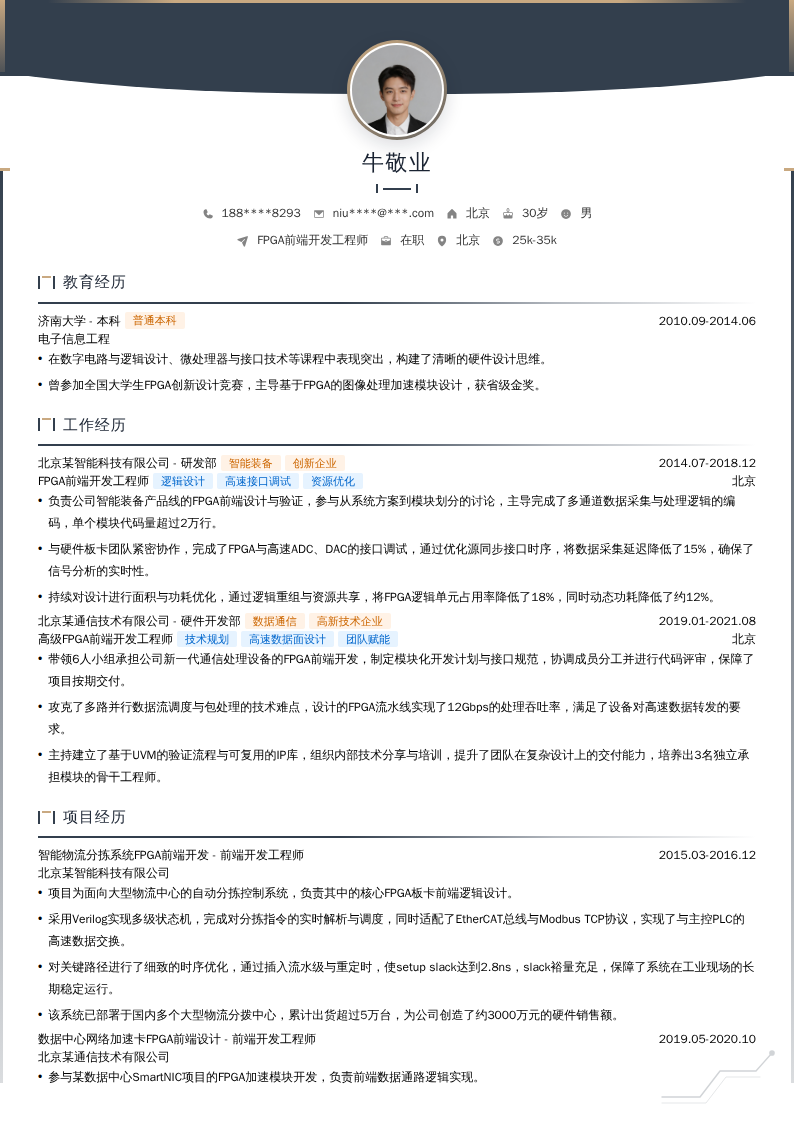 FPGA前端开发工程师简历模板