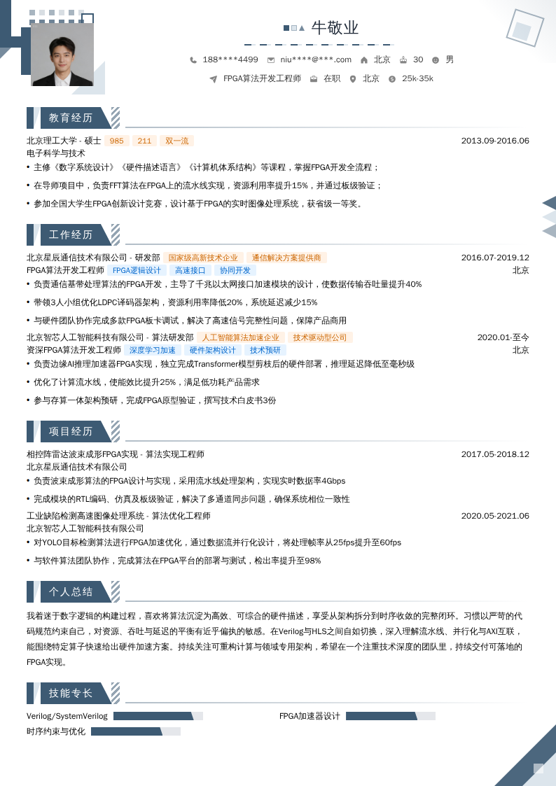 FPGA算法开发工程师简历模板