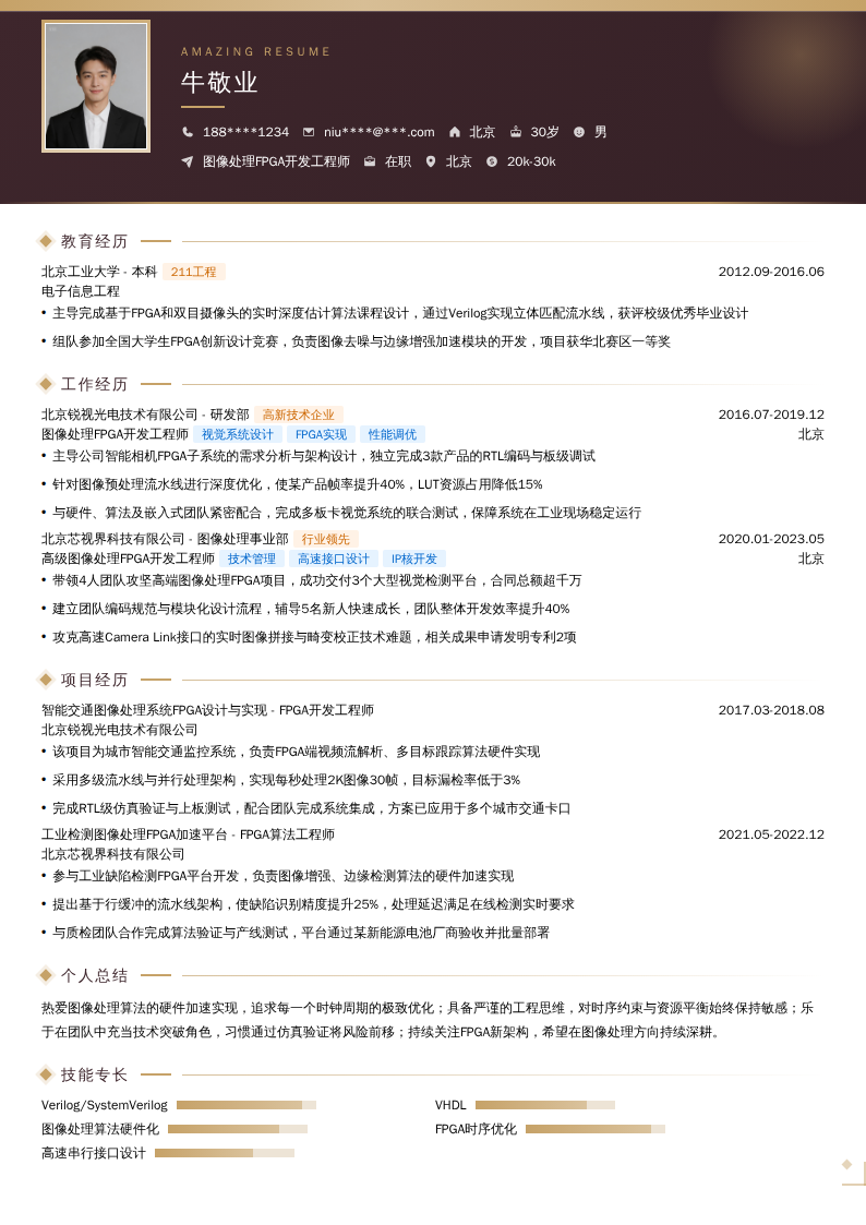 图像处理FPGA开发工程师简历模板