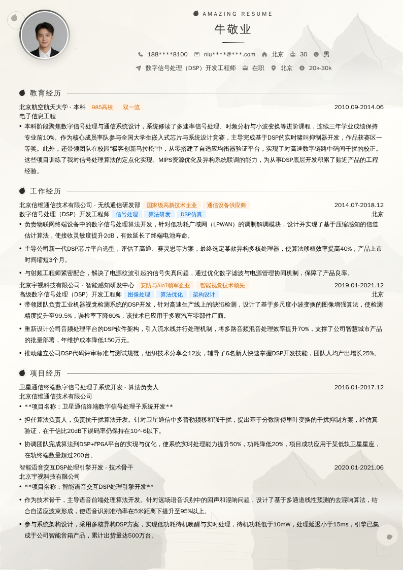 数字信号处理（DSP）开发工程师简历模板
