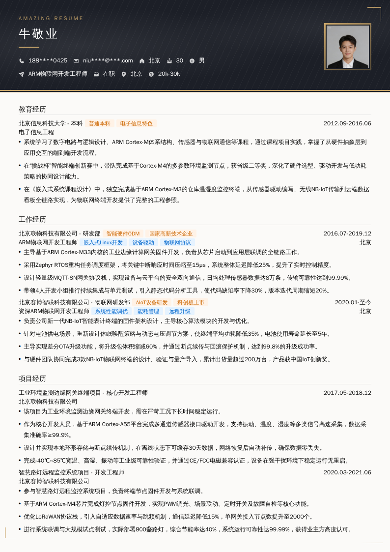 ARM物联网开发工程师简历模板