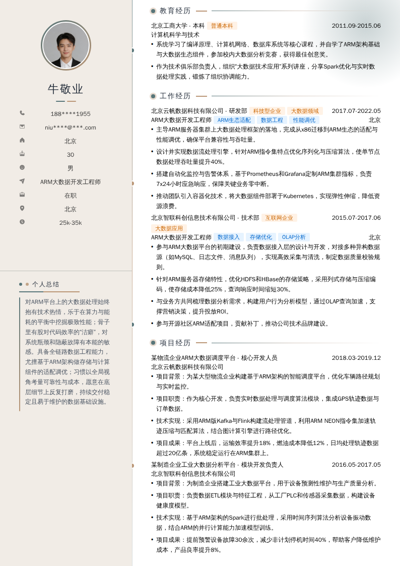 ARM大数据开发工程师简历模板