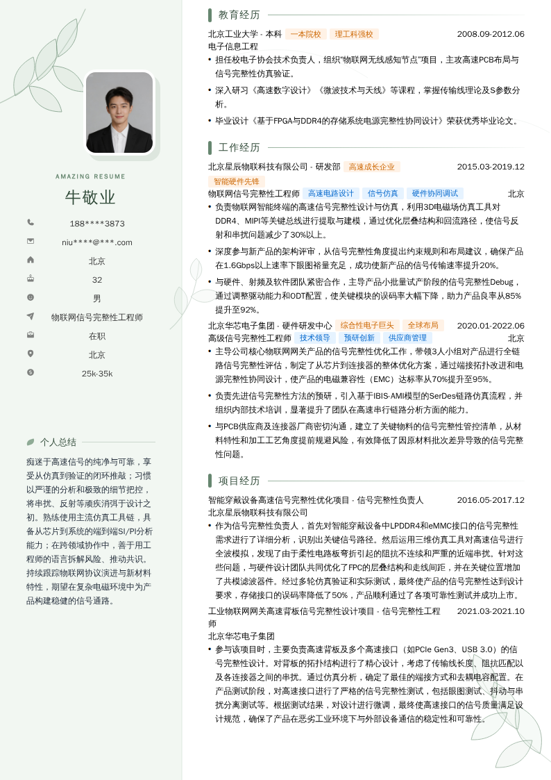 物联网信号完整性工程师简历模板