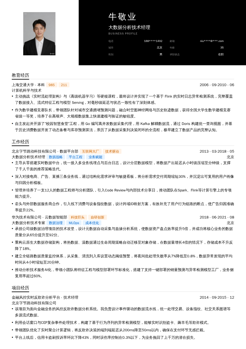 大数据分析技术经理简历模板