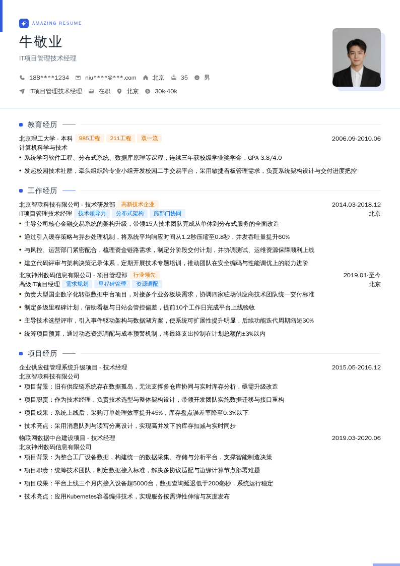 IT项目管理技术经理简历模板