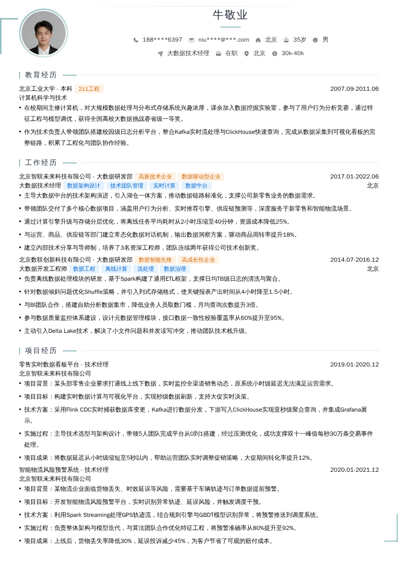 大数据技术经理简历模板