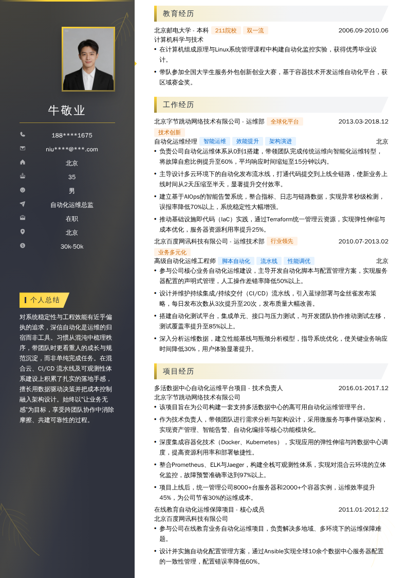 自动化运维总监简历模板