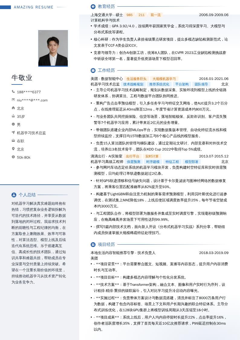机器学习技术总监简历模板