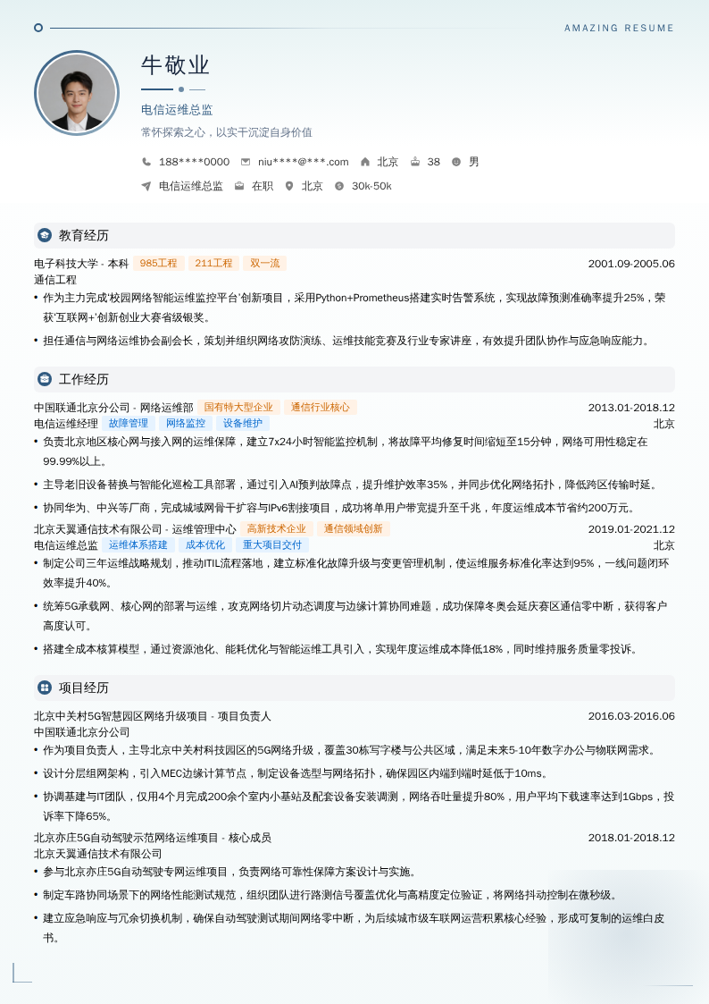 电信运维总监简历模板