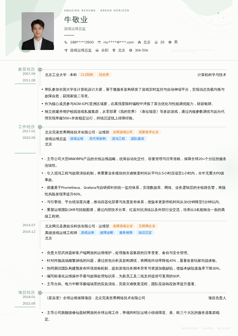 游戏运维总监简历模板