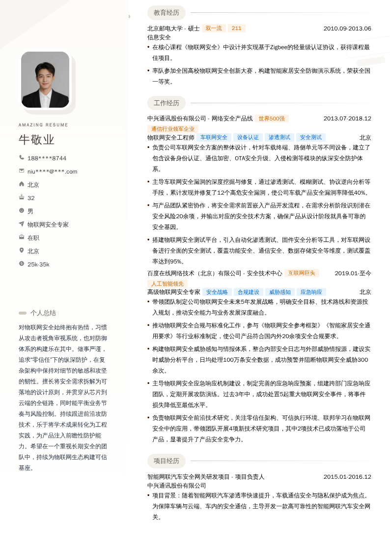 物联网安全专家简历模板
