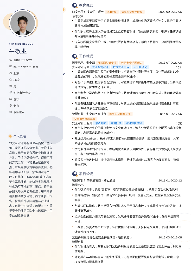 安全审计专家简历模板