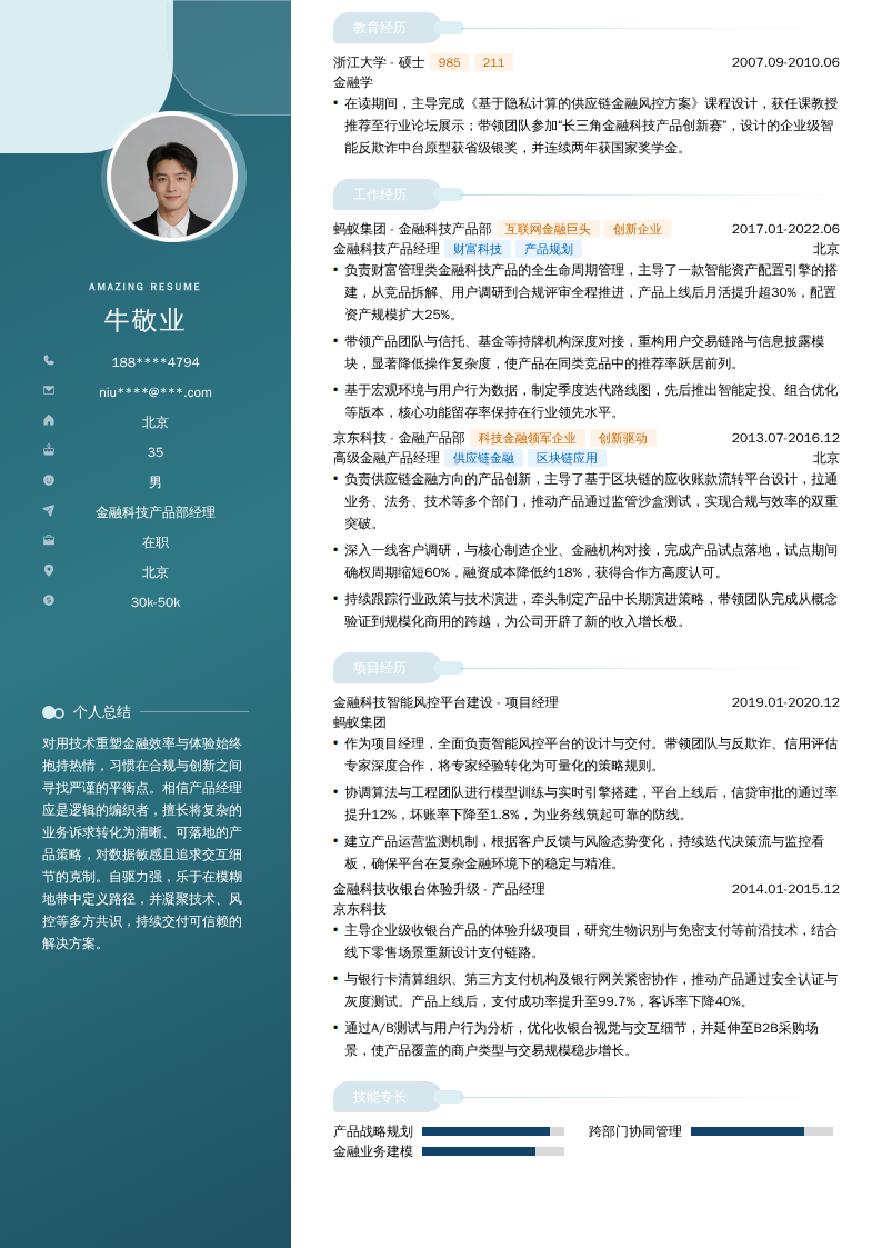 金融科技产品部经理简历模板