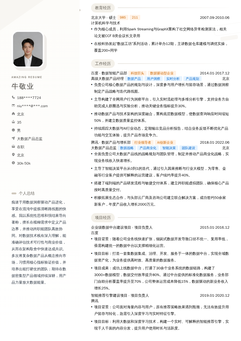 大数据产品总监简历模板