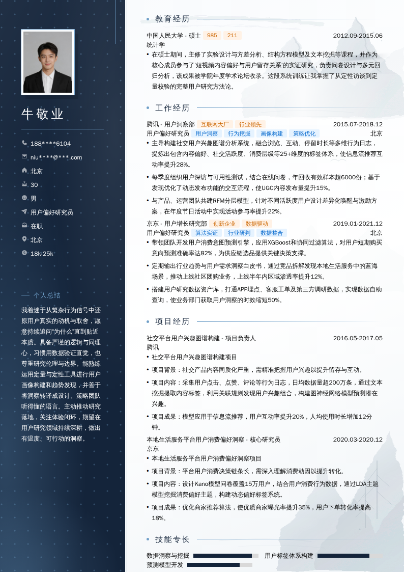 用户偏好研究员简历模板