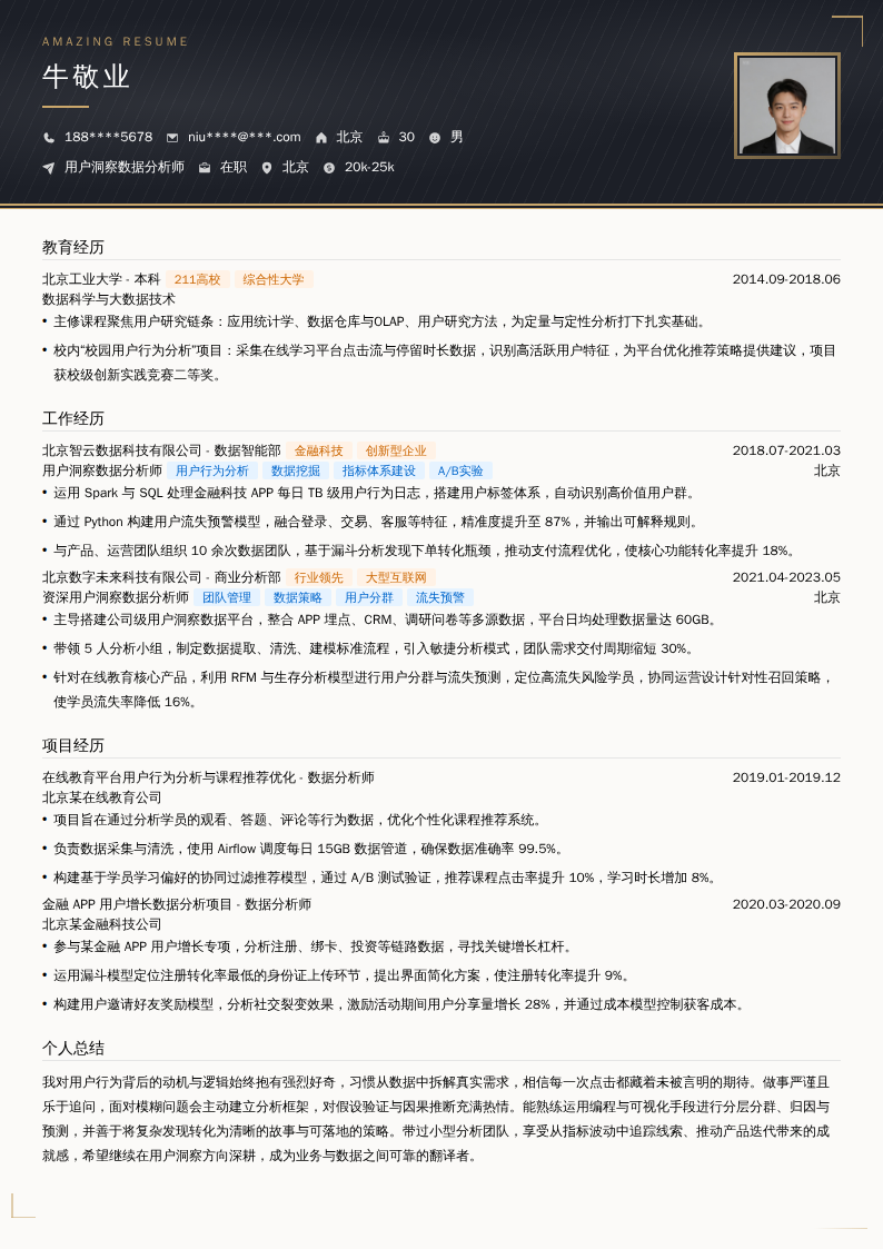 用户洞察数据分析师简历模板