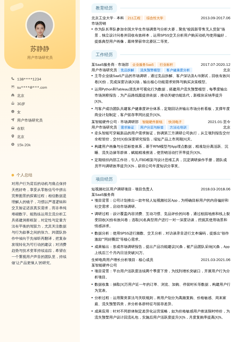 用户市场研究员简历模板