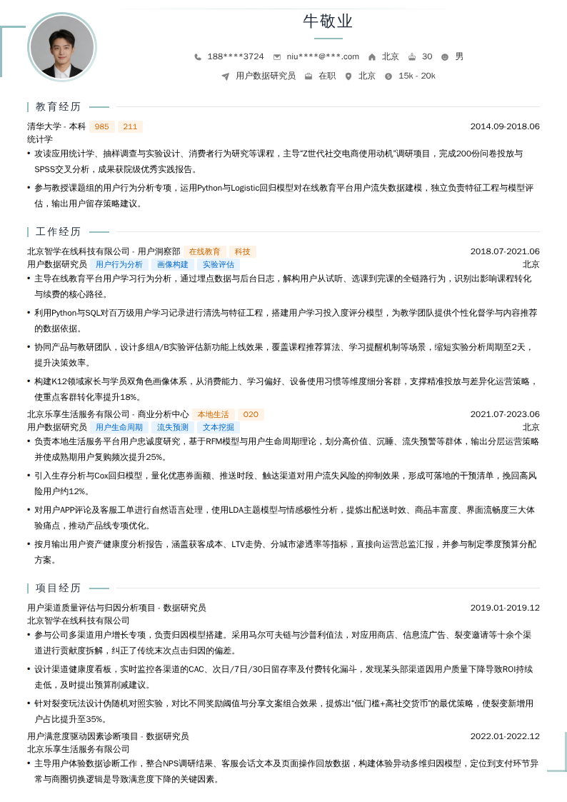 用户数据研究员简历模板