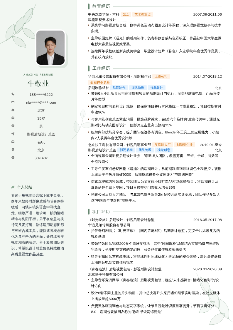 影视后期设计总监简历模板