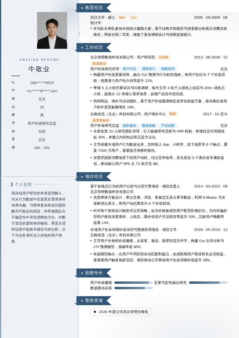 用户价值研究总监简历模板