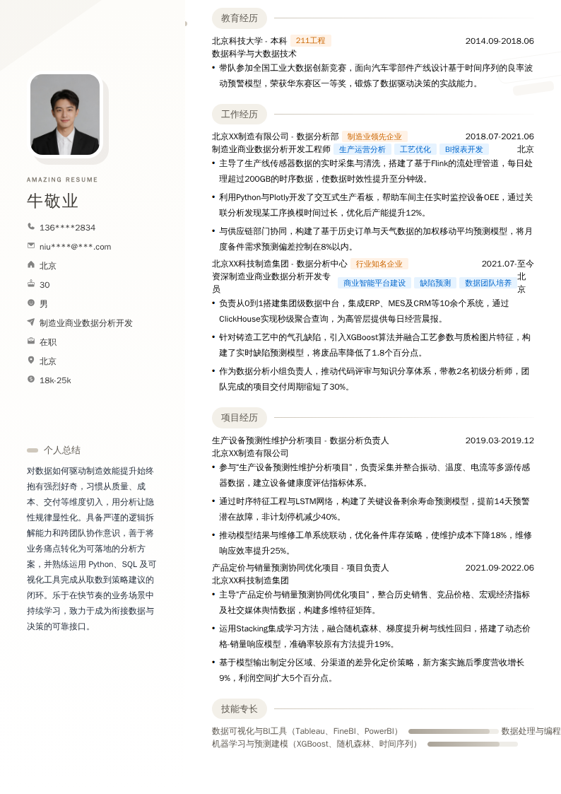 制造业商业数据分析开发简历模板