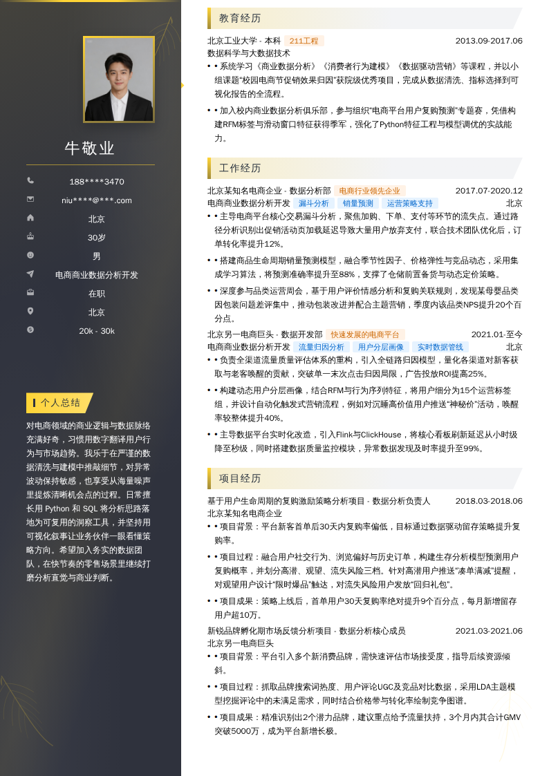电商商业数据分析开发简历模板