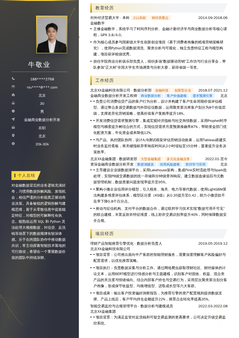 金融商业数据分析开发简历模板