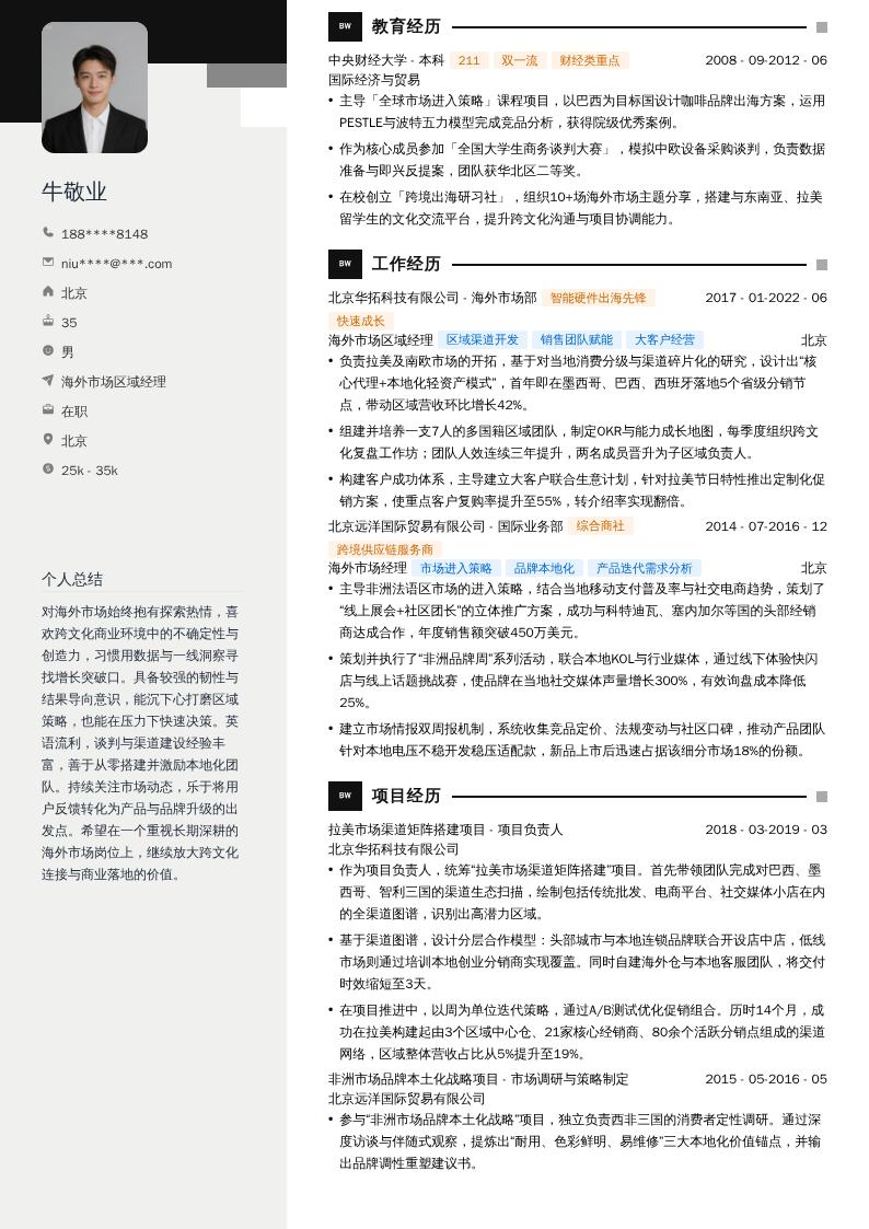 海外市场区域经理简历模板