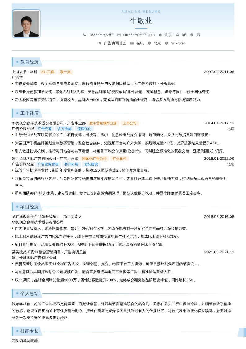 广告协调总监简历模板