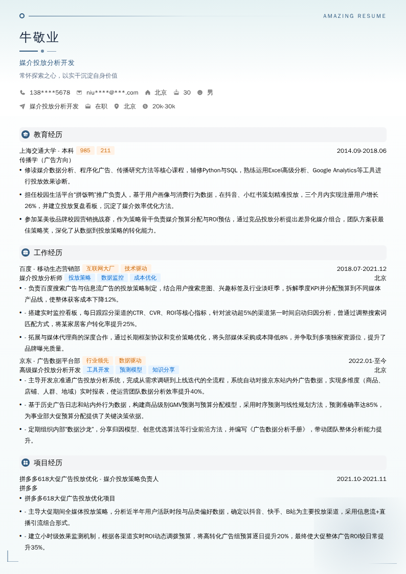 媒介投放分析开发简历模板