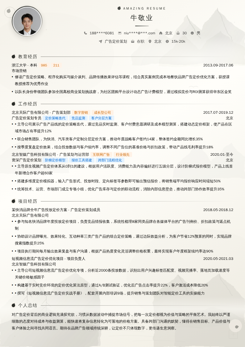 广告定价策划简历模板