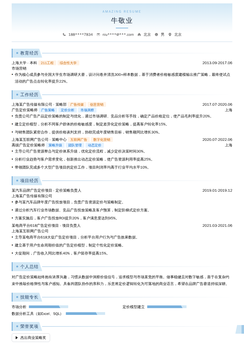 广告定价策略师简历模板