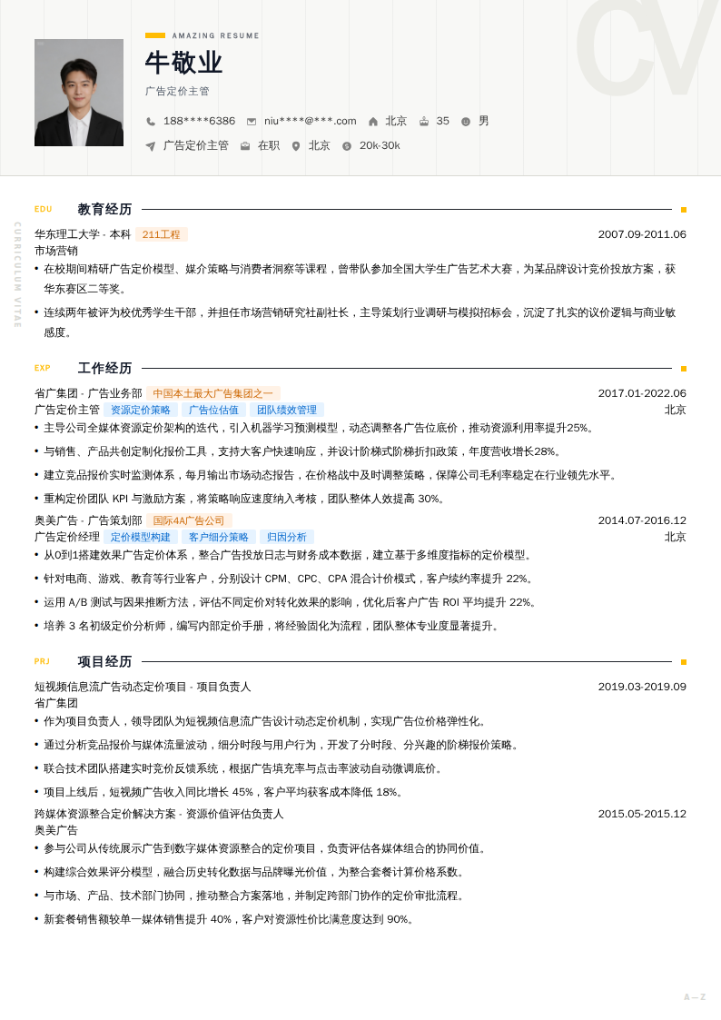 广告定价主管简历模板