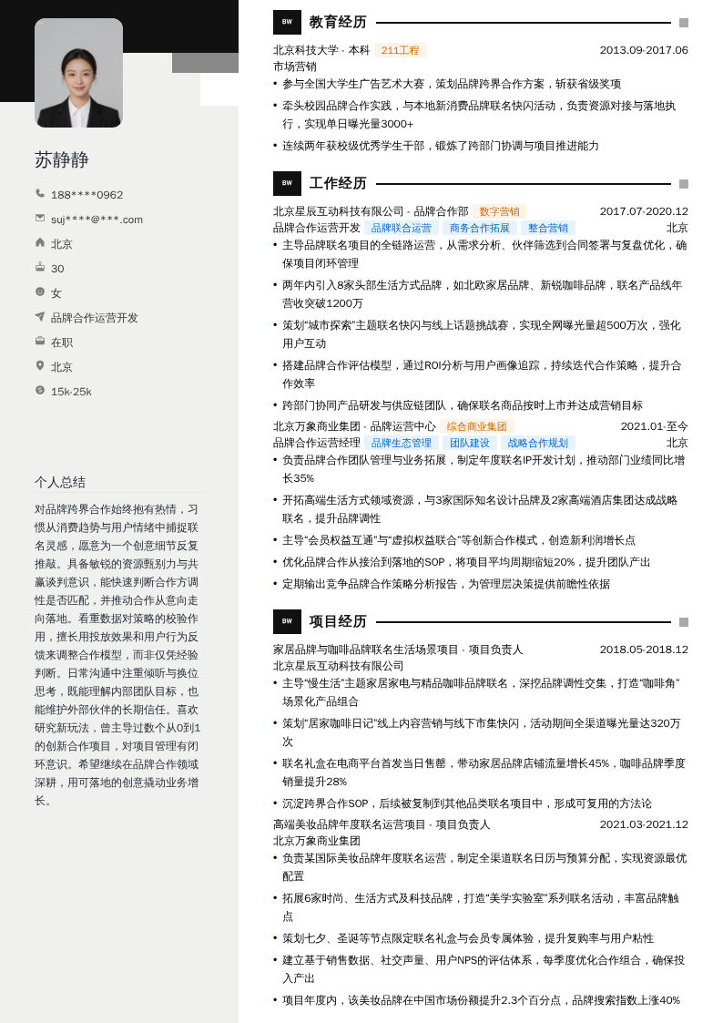 品牌合作运营开发简历模板