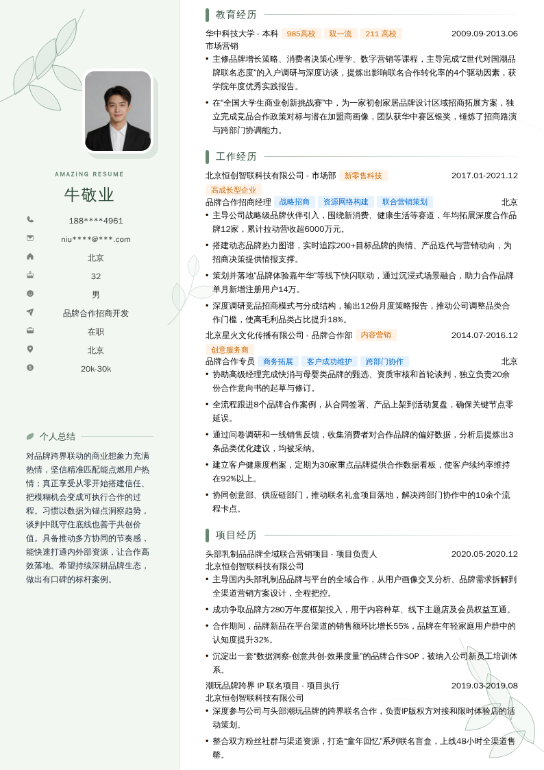 品牌合作招商开发简历模板
