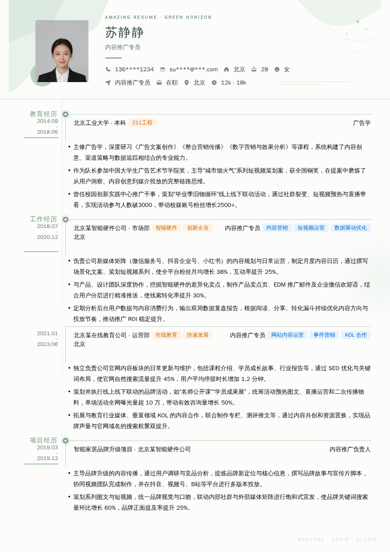 内容推广专员简历模板