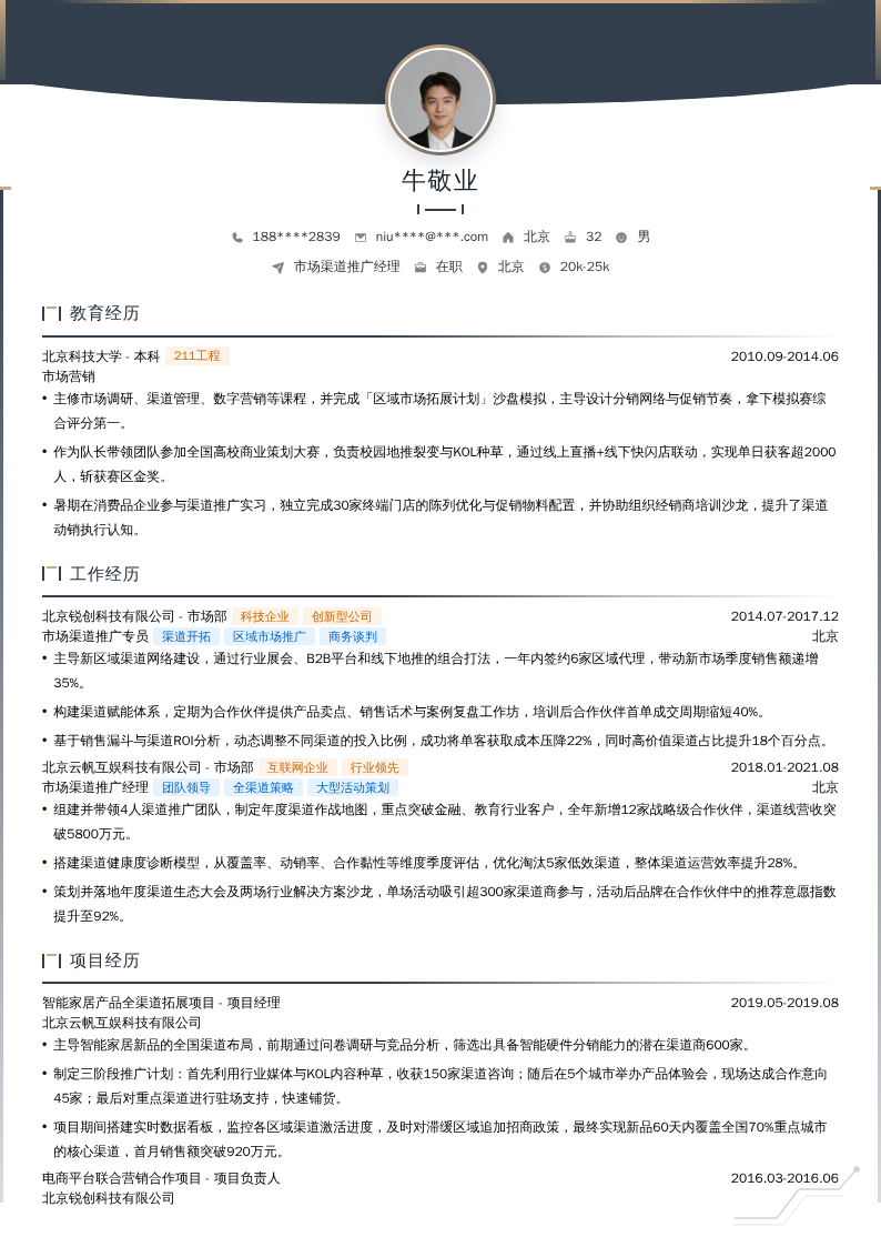 市场渠道推广经理简历模板