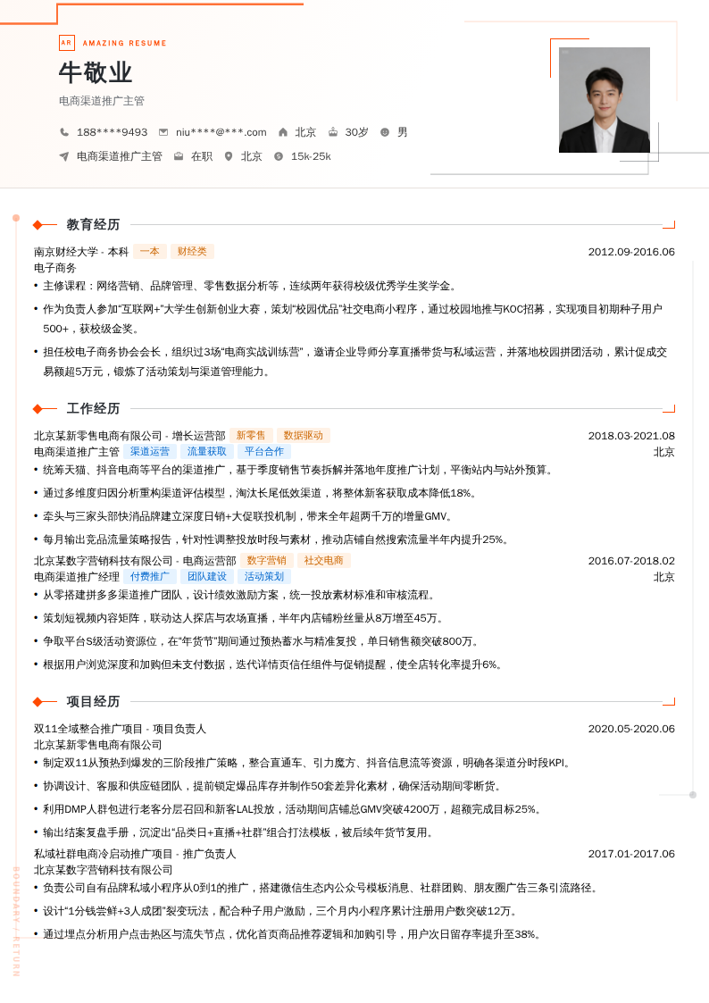 电商渠道推广主管简历模板