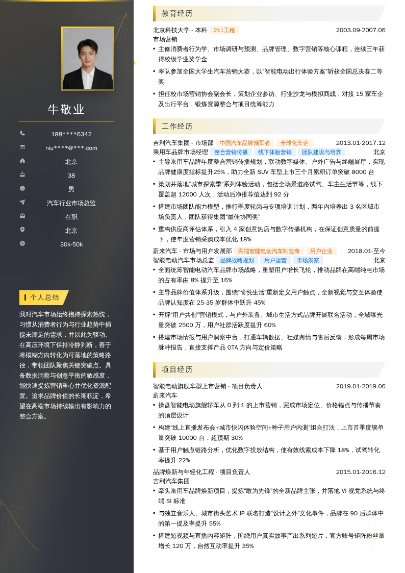 汽车行业市场总监简历模板