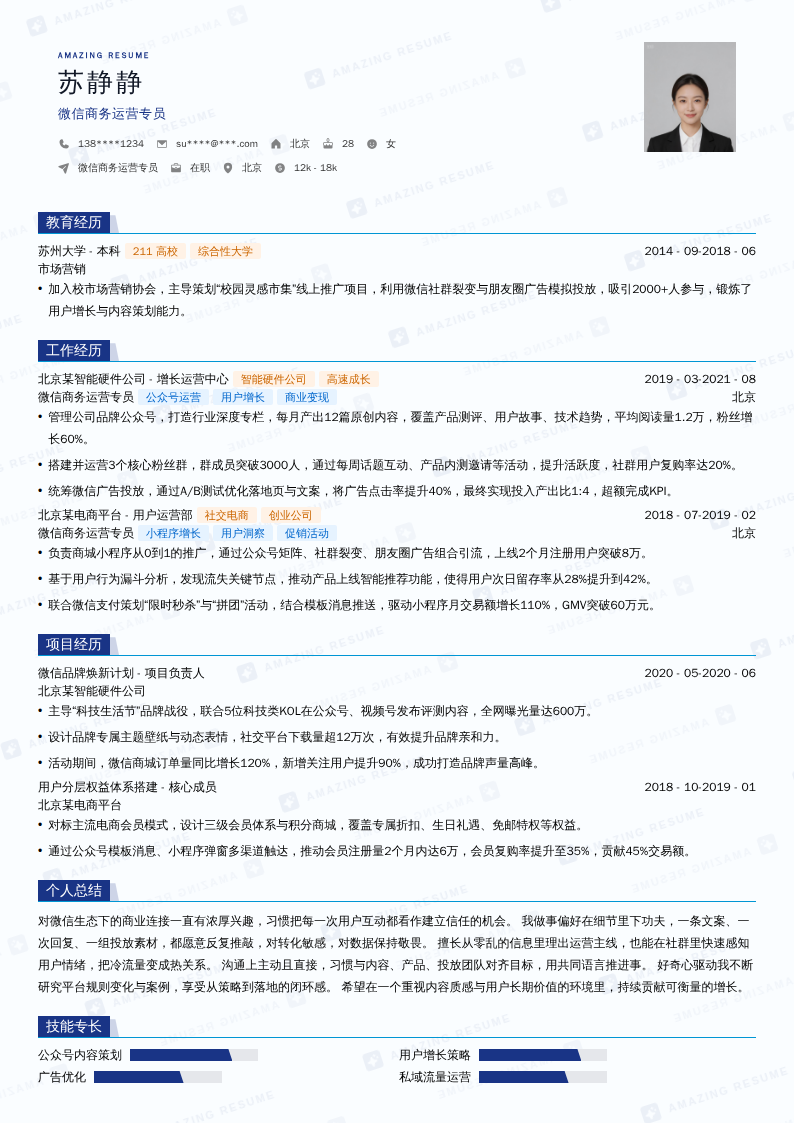 微信商务运营专员简历模板