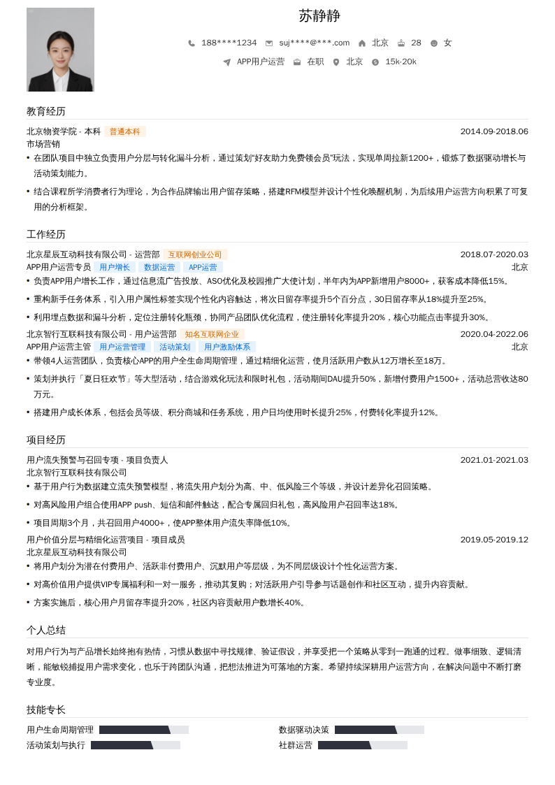 APP用户运营简历模板