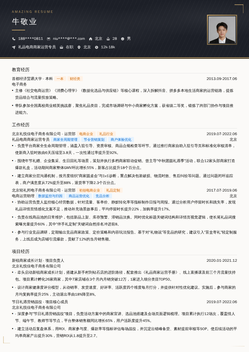 礼品电商商家运营专员简历模板