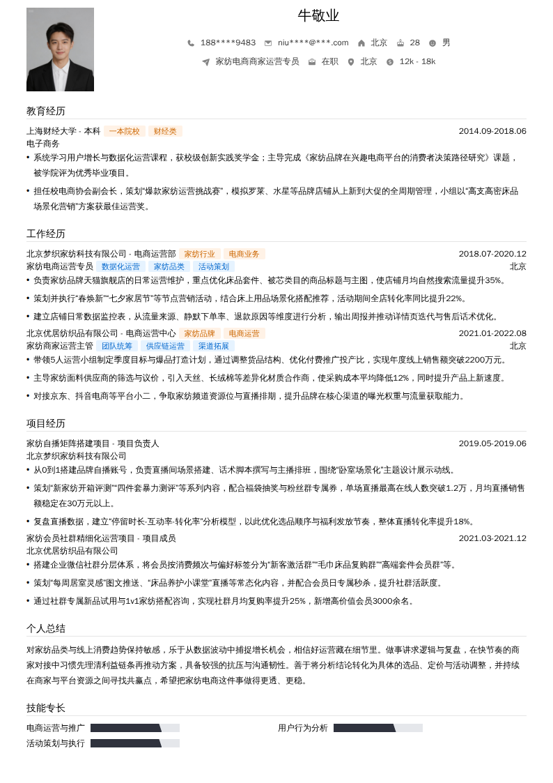 家纺电商商家运营专员简历模板