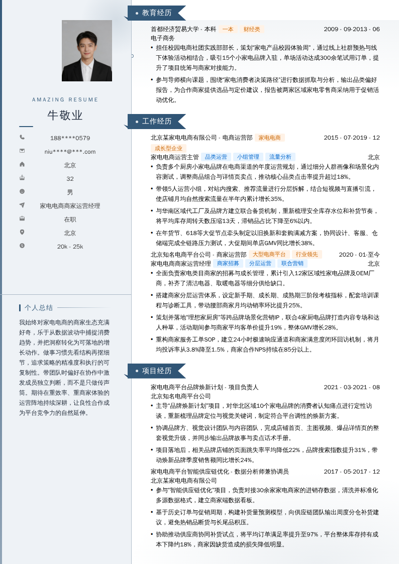 家电电商商家运营经理简历模板
