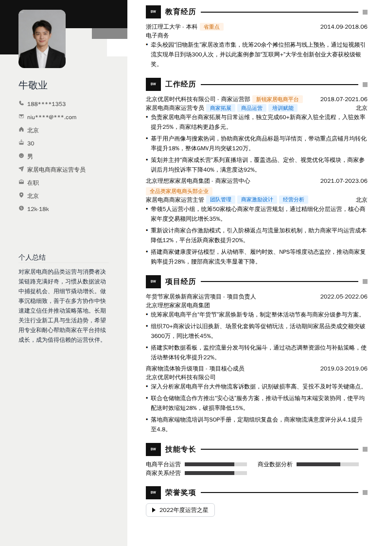 家居电商商家运营专员简历模板