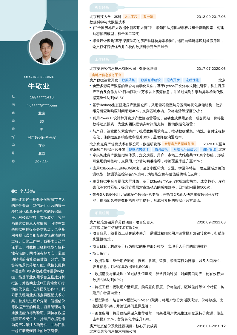 房产数据运营开发简历模板